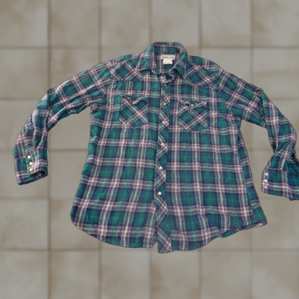 Wrangler wrangler shirt mens large pearl snap green plaid cowboy flannel wrancher button-up long sleeve cotton blue Size US L / EU 52-54 / 3 - 1 Thumbnail