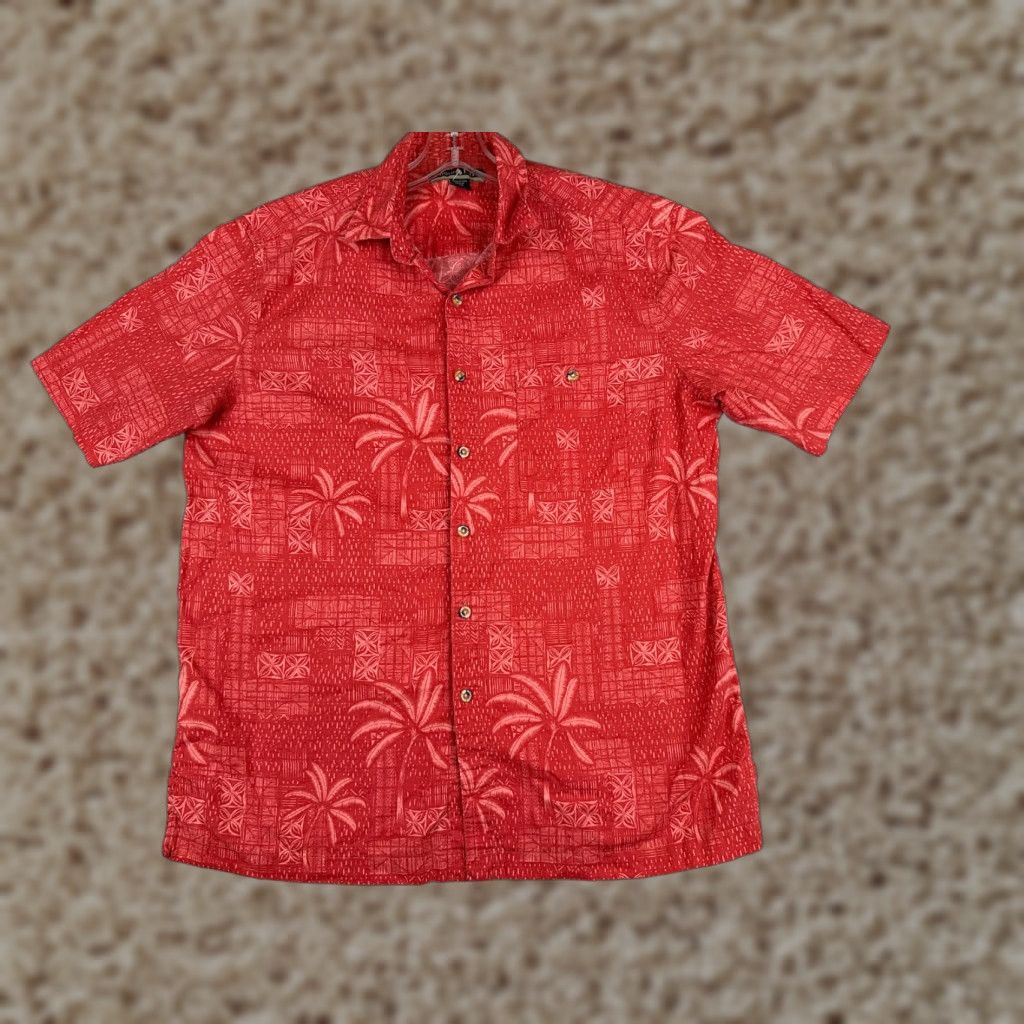 Vintage Casual Life Shirt Men L Red Floral Palm Leaf 100% Cotton Hawaiian Pocket Button-Up Short Sleeve 40 in Chest Regular All Seasons Pockets Size US L / EU 52-54 / 3 - 1 Thumbnail