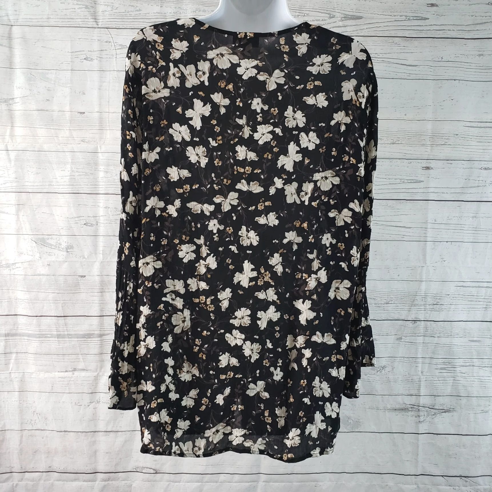 J. Jill J Jill Top Womens Tall Large Black Brown Floral Bell Sleeves Semi Sheer Size L / US 10 / IT 46 - 4 Thumbnail