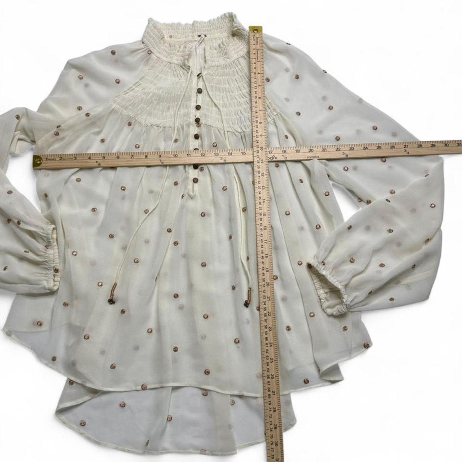 Free People Free People Ready to Run Dot Smocked Blouse Top Cream Sheer Size L / US 10 / IT 46 - 3 Thumbnail