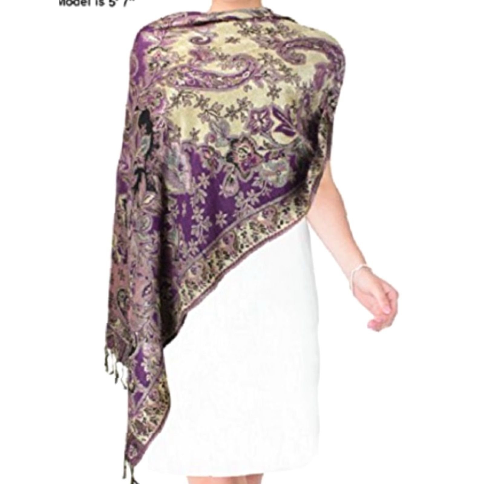 Vintage Rayon Metallic Paisley Flower Garden Two-Sided Reversible Scarf Purple Size ONE SIZE - 4 Thumbnail