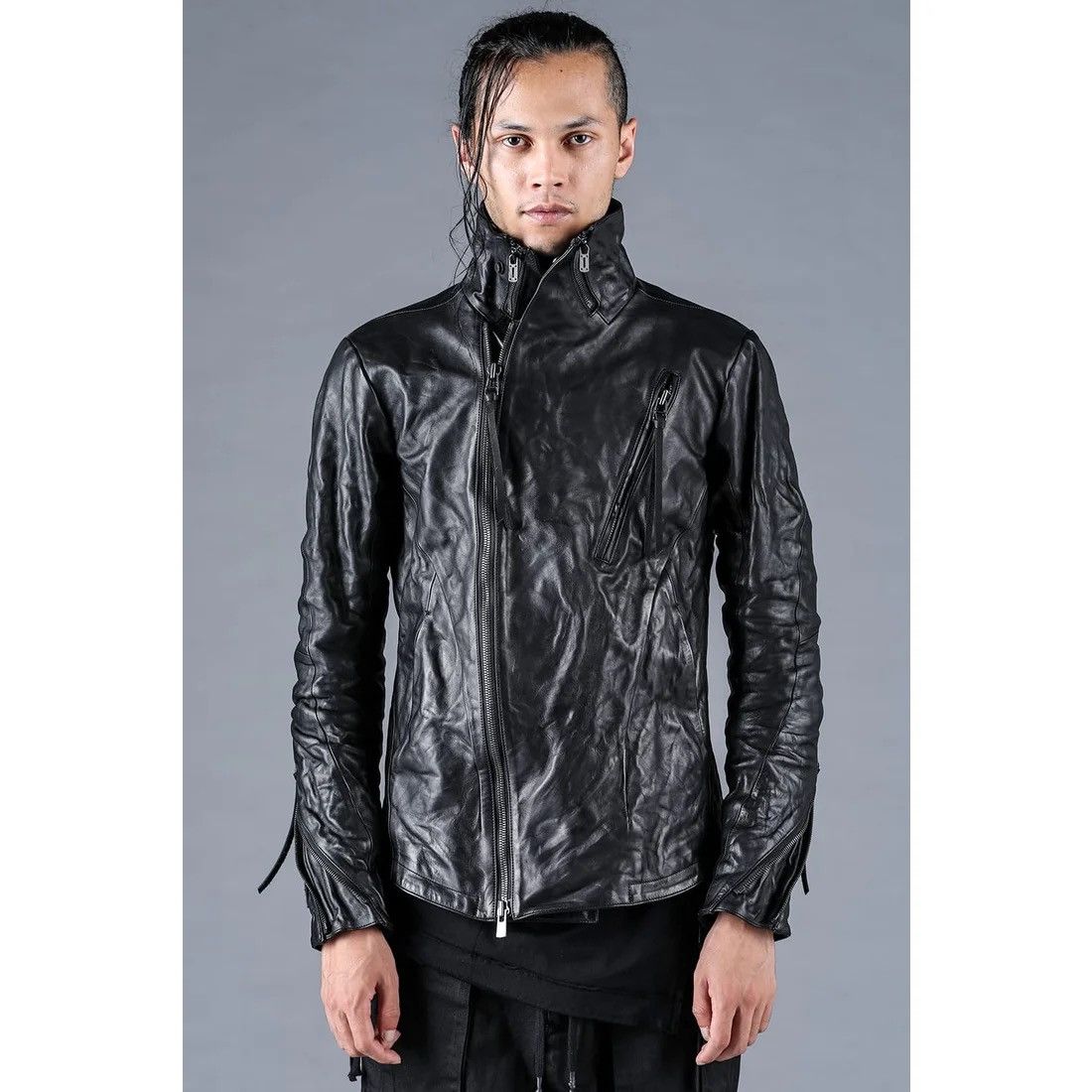 D.Hygen D.HYGEN Horse Leather High Neck Jacket (Black) Size US S / EU 44-46 / 1 - 12 Thumbnail