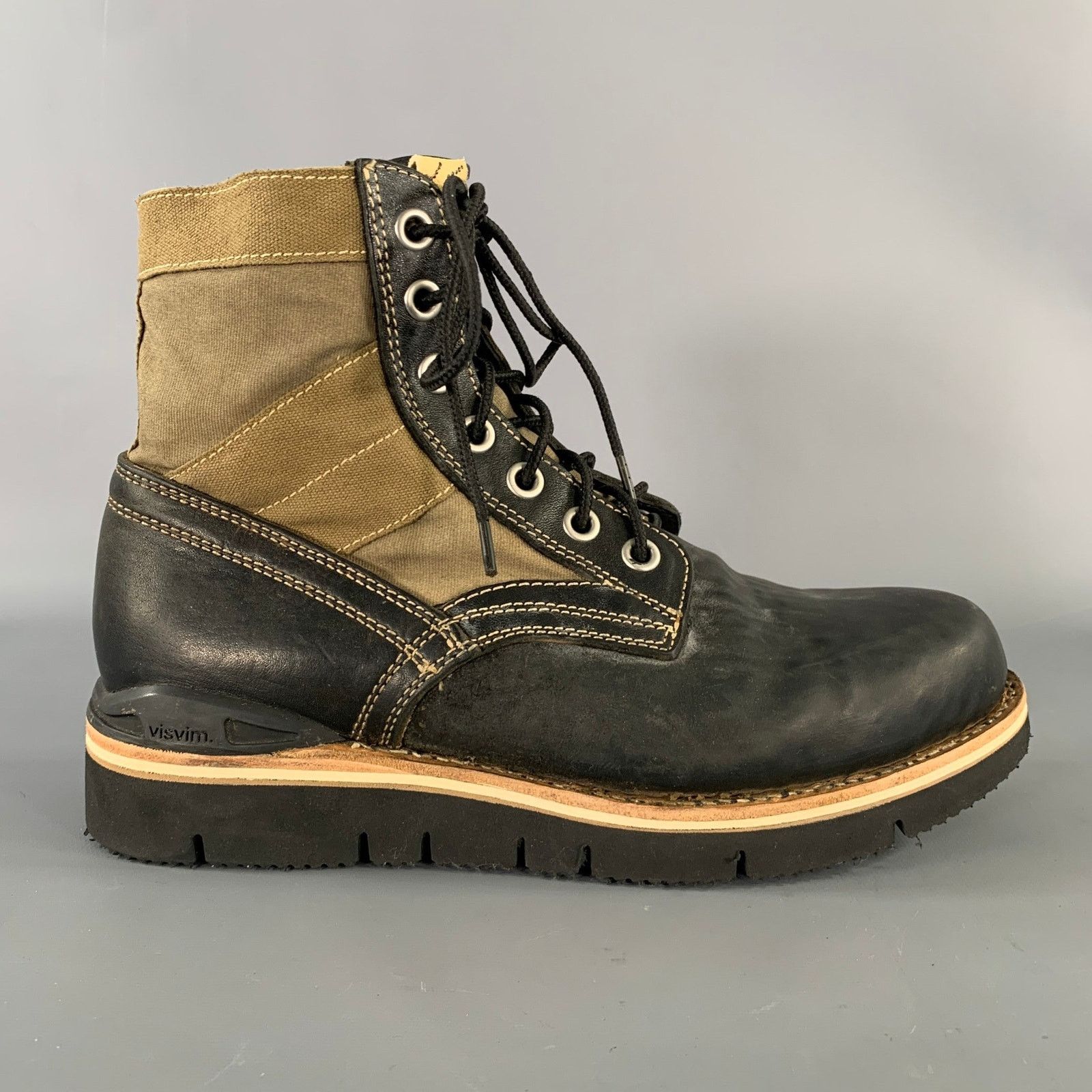 Visvim Black Olive Distressed Leather Canvas Lace Up Boots Size US 9.5 / EU 42-43 - 2 Thumbnail