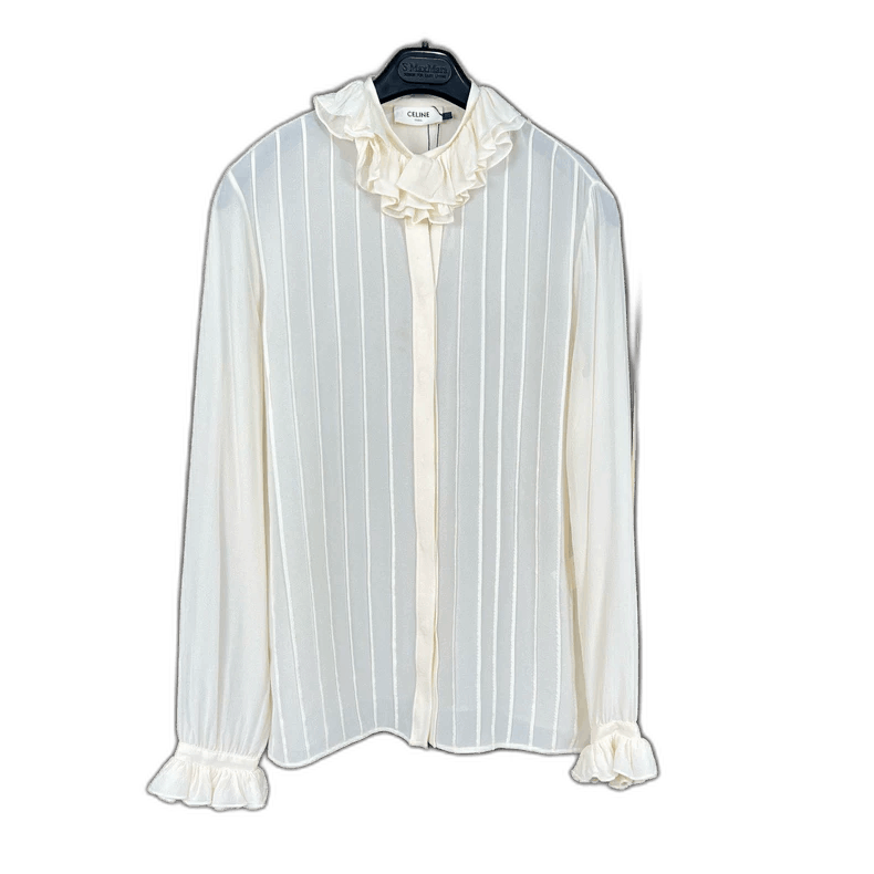 Celine Celine Ruffled Silk Shirt in OffWhite Size S / US 4 / IT 40 - 1 Thumbnail