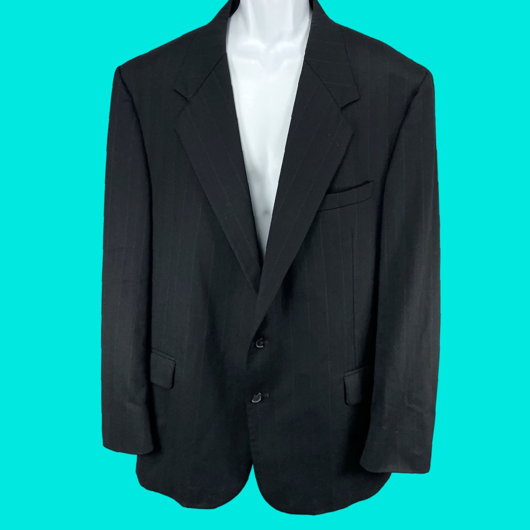Vintage Hunting Horn Blazer Wool Black Striped 2 Button Ventless Notch USA Made Size 46L Men Jacket Size 46R - 1 Thumbnail