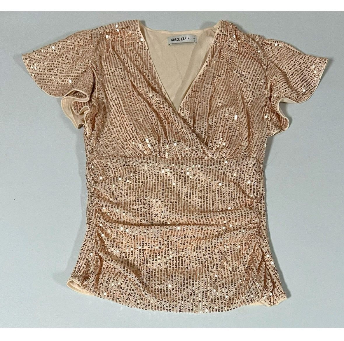 Grace in LA Gold Sequin Ruched Flounce Sleeve Shirt Top Blouse Size S ✨ Size S / US 4 / IT 40 - 1 Thumbnail