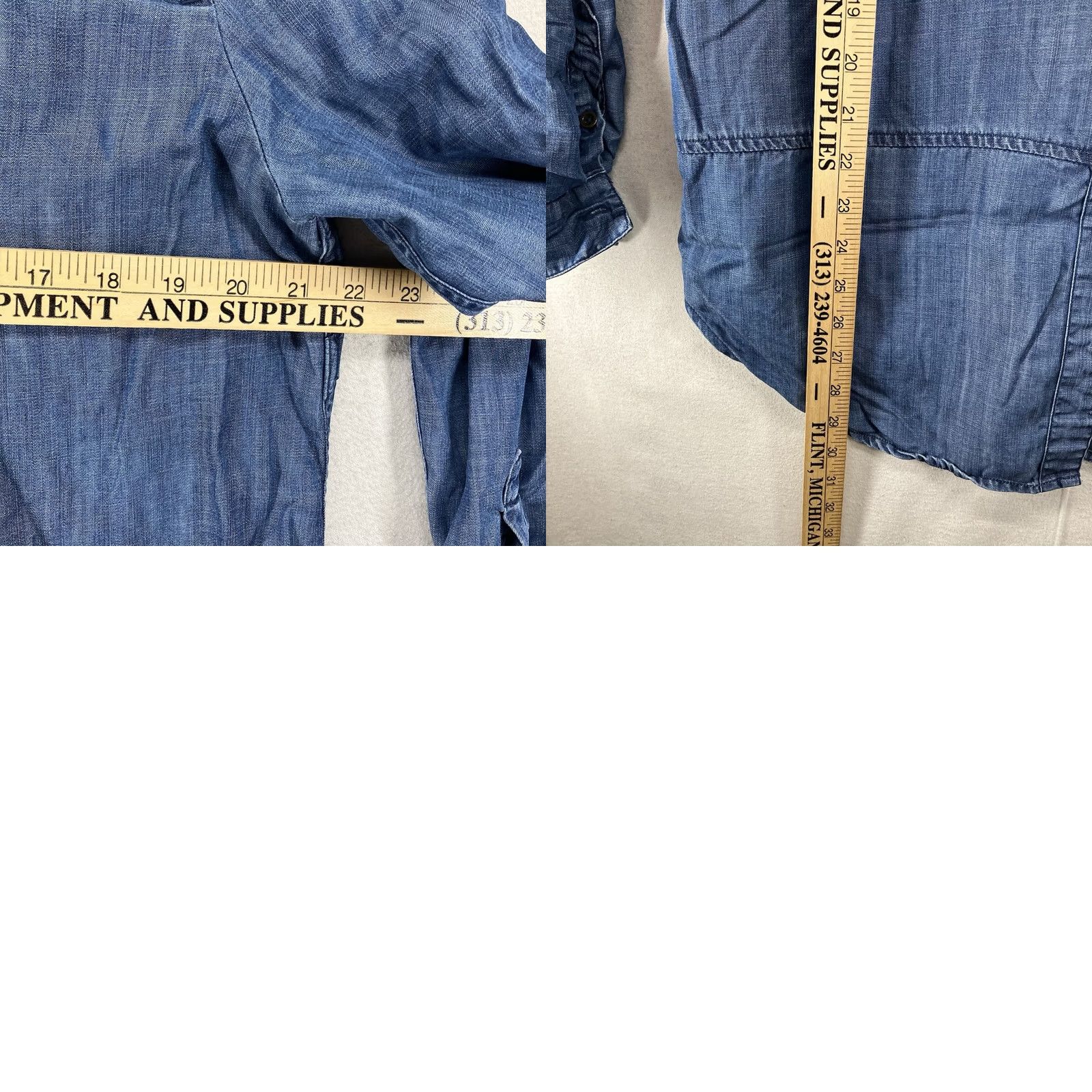 Denime VINTAGE Bob Timberlake Women's All Lyocell Tunic Blouse Denim Boho Embroidered Metal Buttons Roll Tab Sleeve V-Neck Casual 90s Womens L Blue Size L / US 10 / IT 46 - 10 Thumbnail