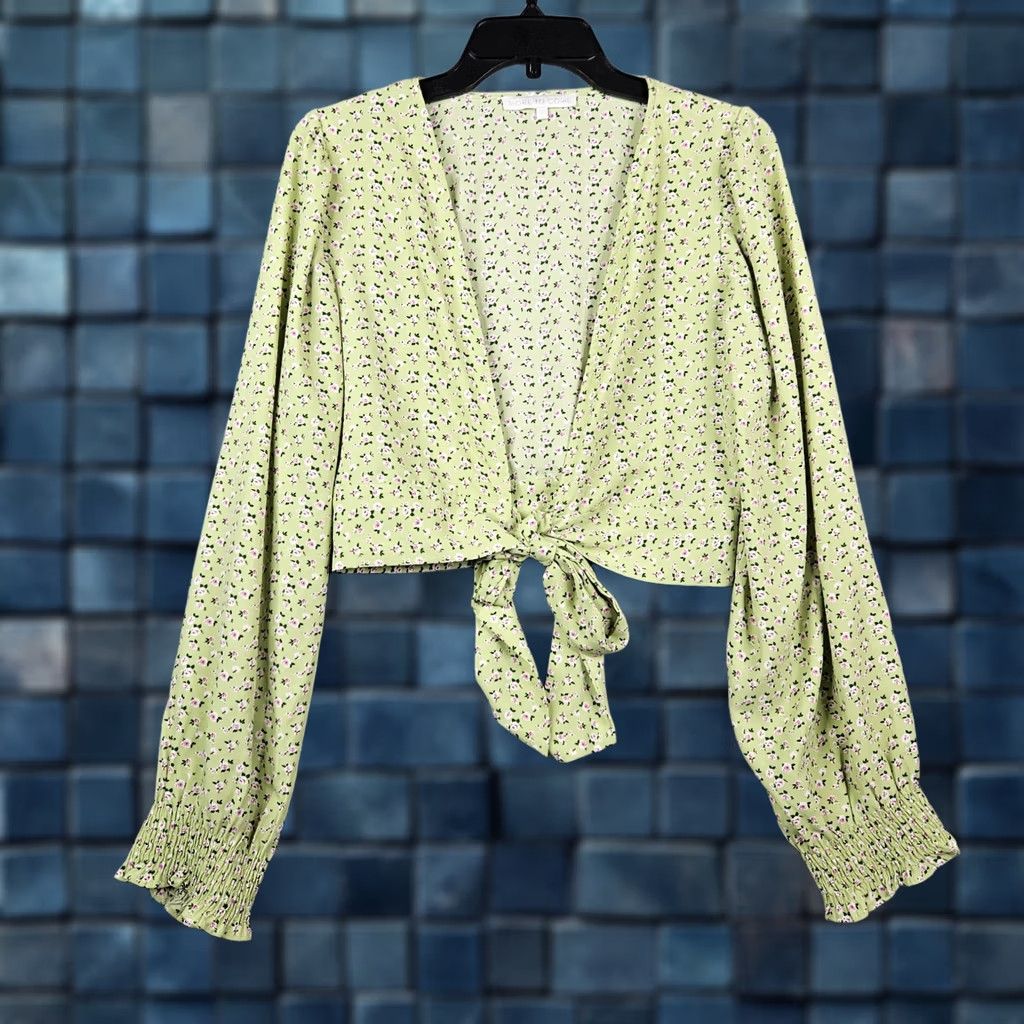 Vintage More To Come Marlene Tie Front Women's Green Floral Printed Shirt Sz L Shirt Adult Regular Green Floral Womens L Ladies Blouse Tie Front Size L / US 10 / IT 46 - 1 Thumbnail