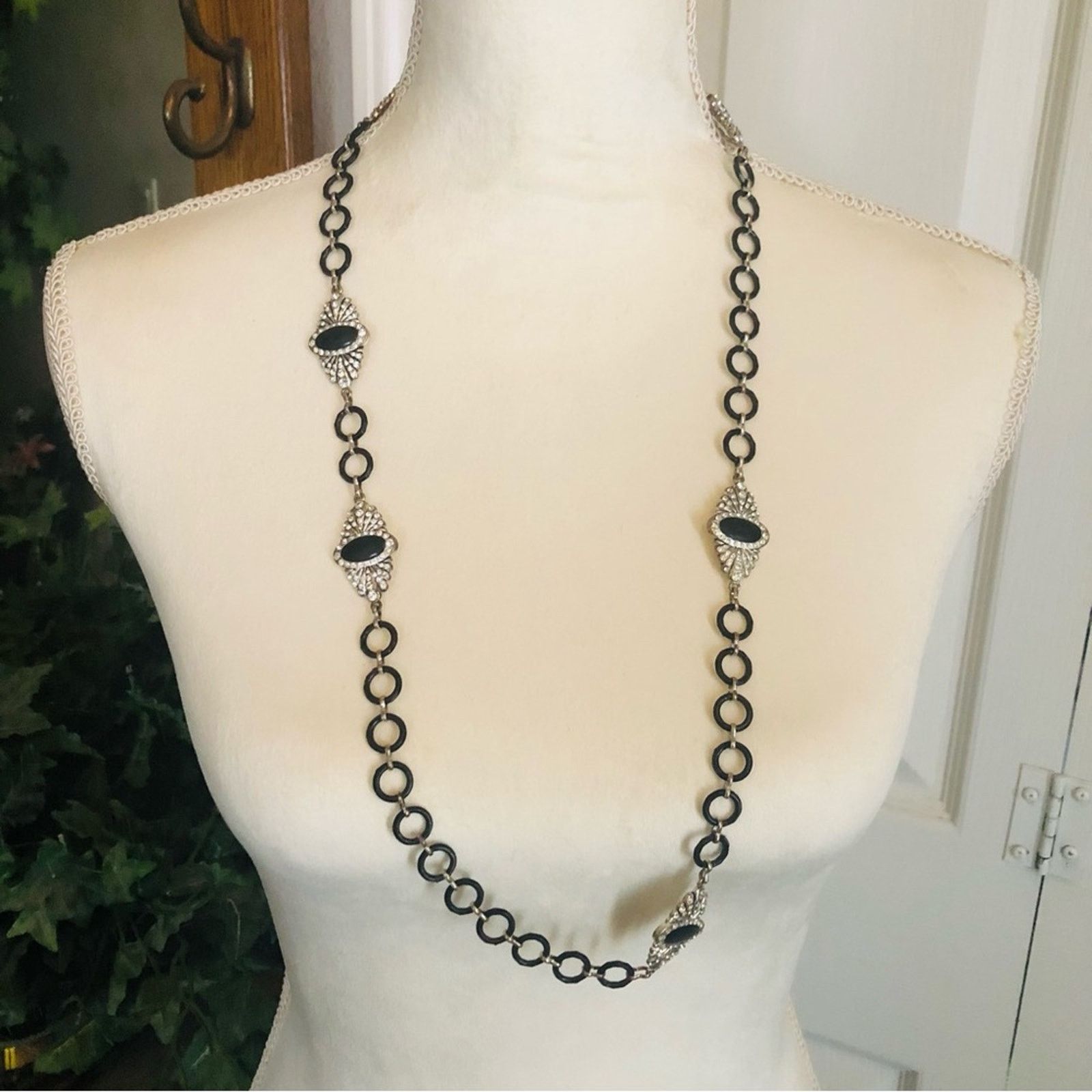 Jewelry Black enamel clear rhinestone medallion accent necklace Size ONE SIZE - 1 Thumbnail