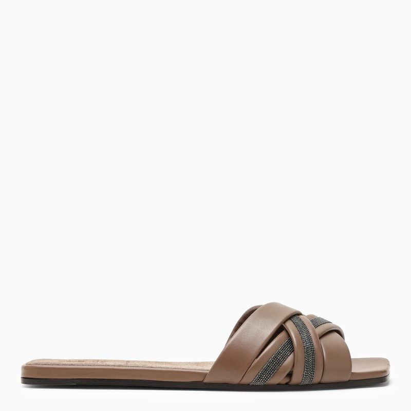 image of Brunello Cucinelli Brown Leather Slide in Beige, Women's (Size 7)