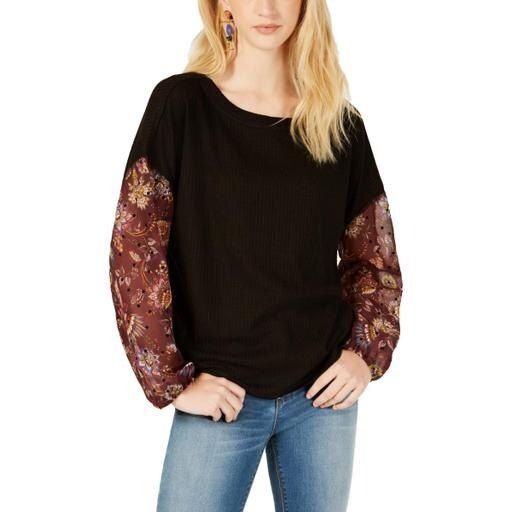 Other Gypsies & Moondust Juniors' Waffle Knit Sheer Sleeve Top, Bu Size L / US 10 / IT 46 - 2 Thumbnail