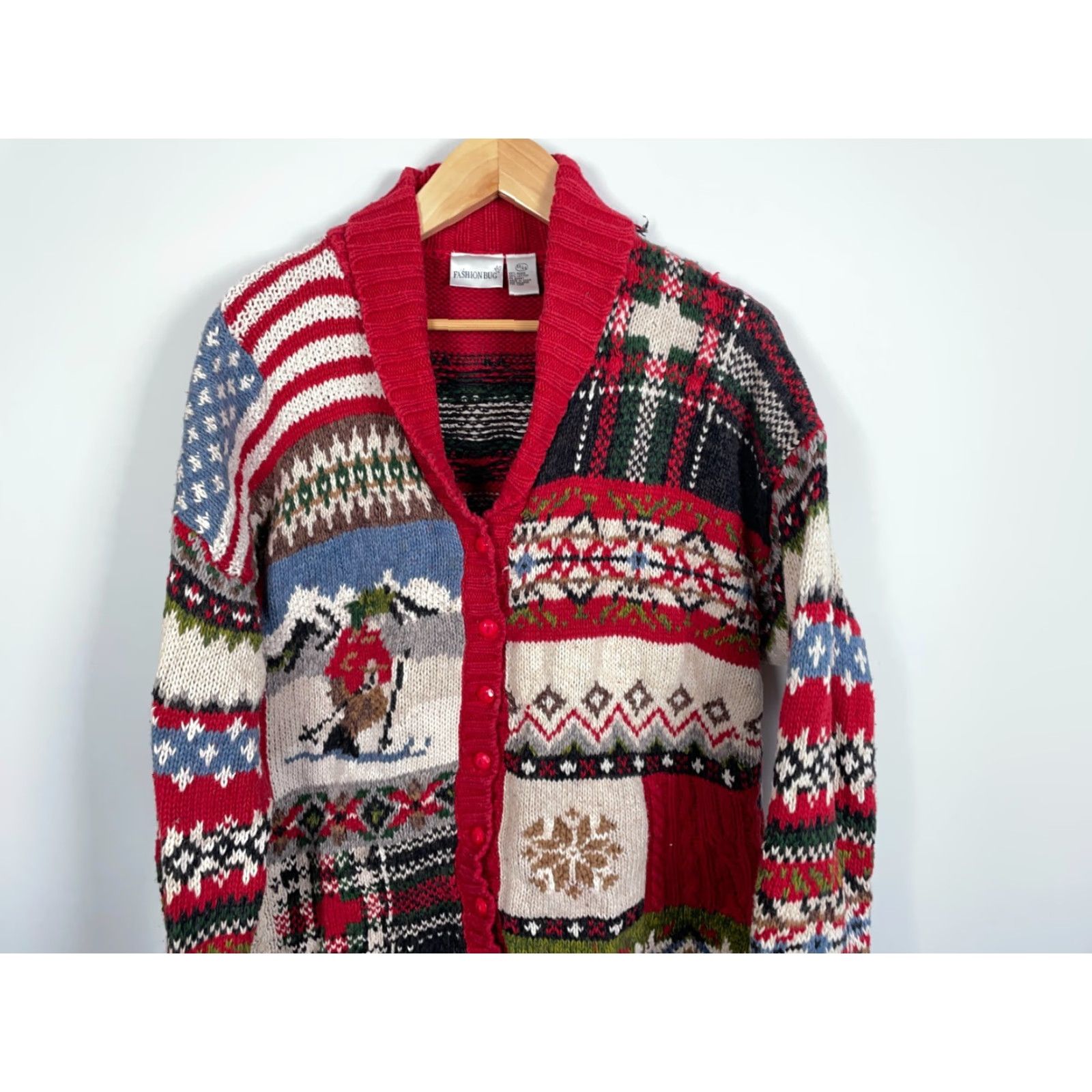 Vintage Winter Patchwork Cardigan Women's 22 / 24 Red Knit Ski Snowflake Christmas Women's Size 3XL / US 20-22 - 4 Thumbnail