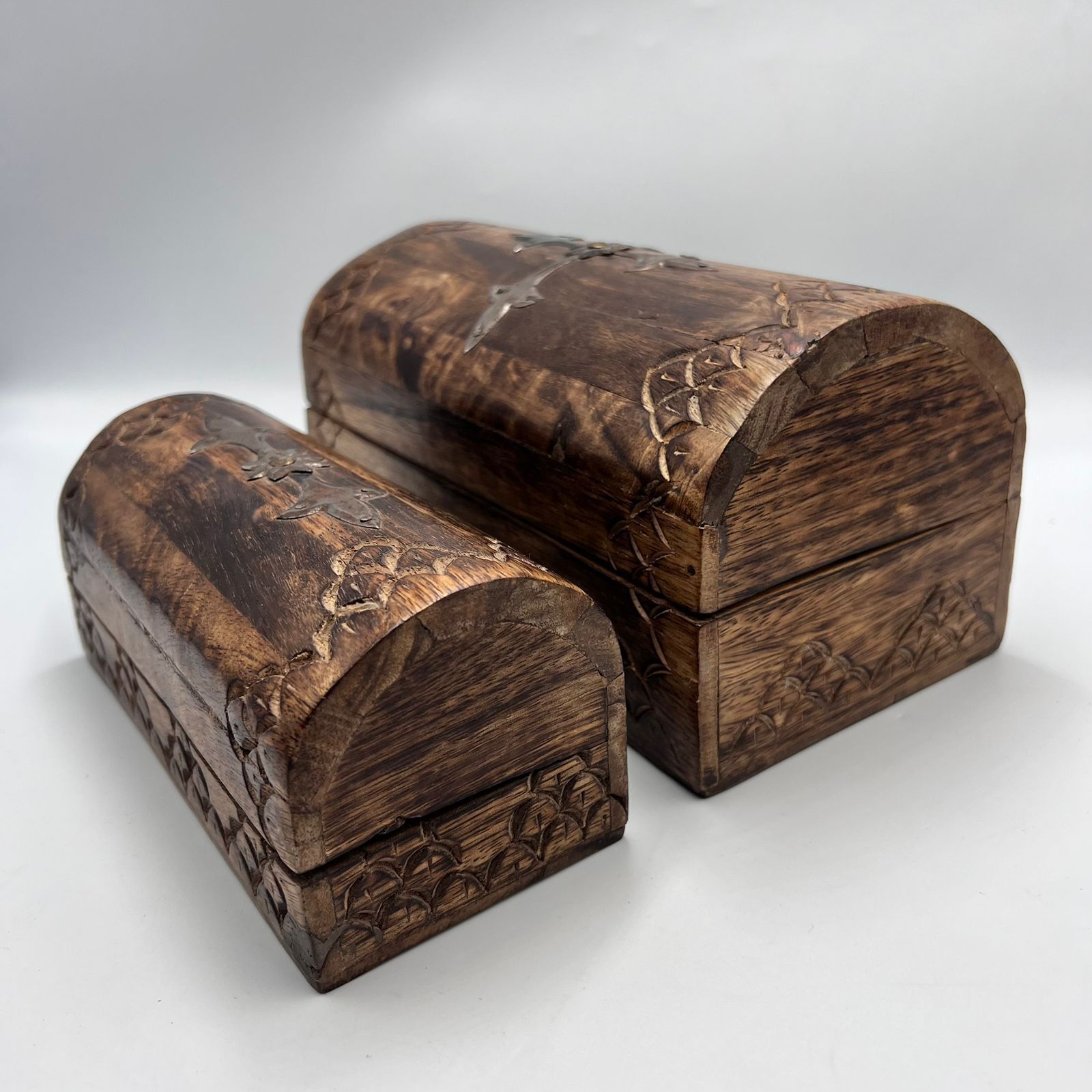 Vintage Vintage Carved Wooden Jewelry Boxes Set Handmade Hardwood Size ONE SIZE - 4 Thumbnail