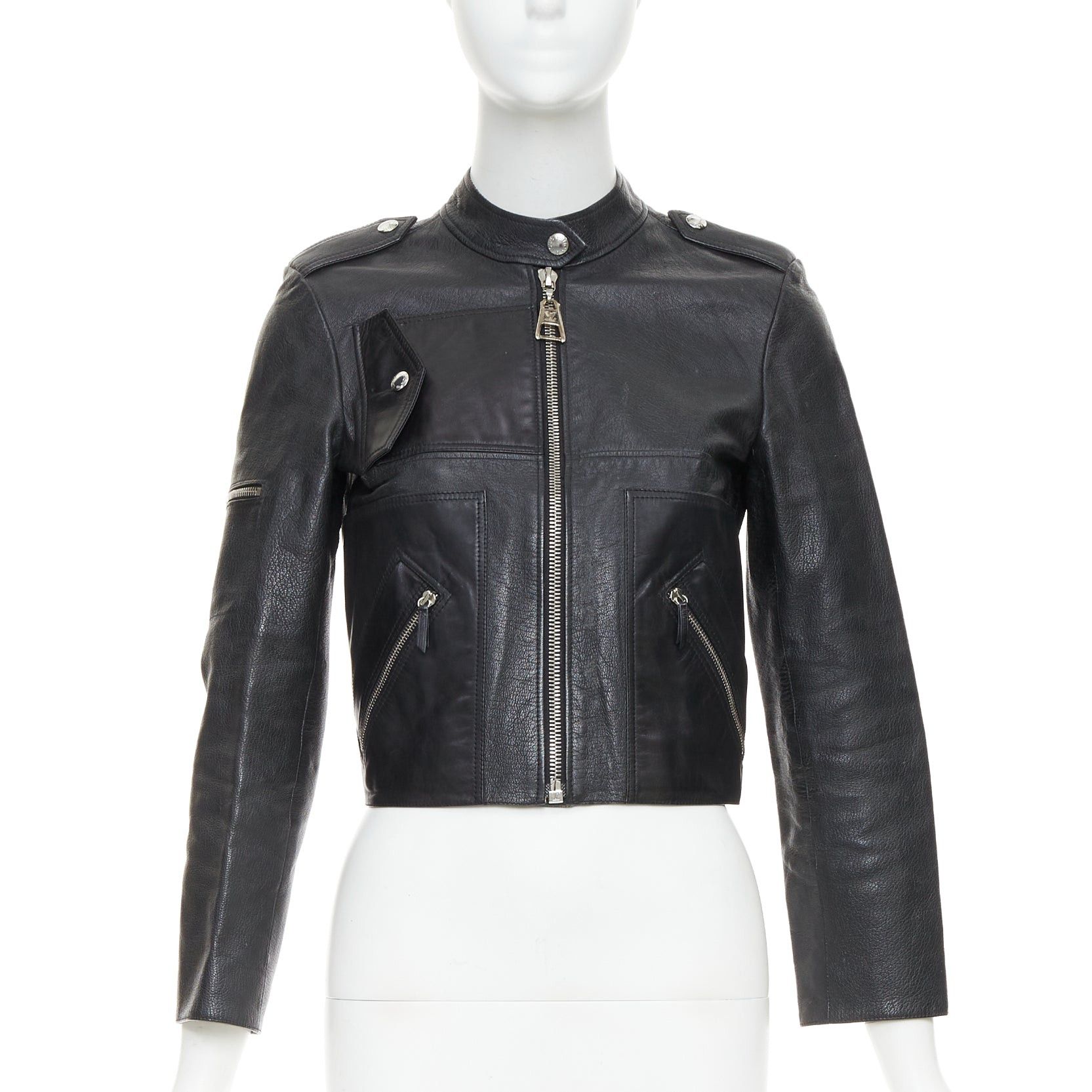Louis Vuitton LOUIS VUITTON black goatskin leather LV zip cropped biker jacket FR36 S Size S / US 4 / IT 40 - 1 Thumbnail