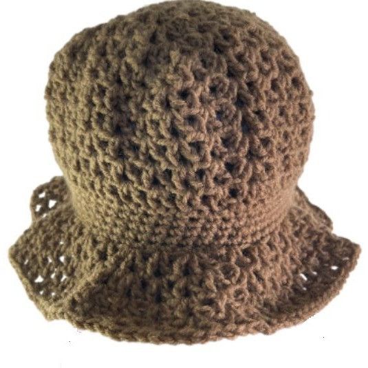 Handmade Crochet Bucket Hat Retro Style Brown and Tan Flower Embellis Size ONE SIZE - 5 Thumbnail