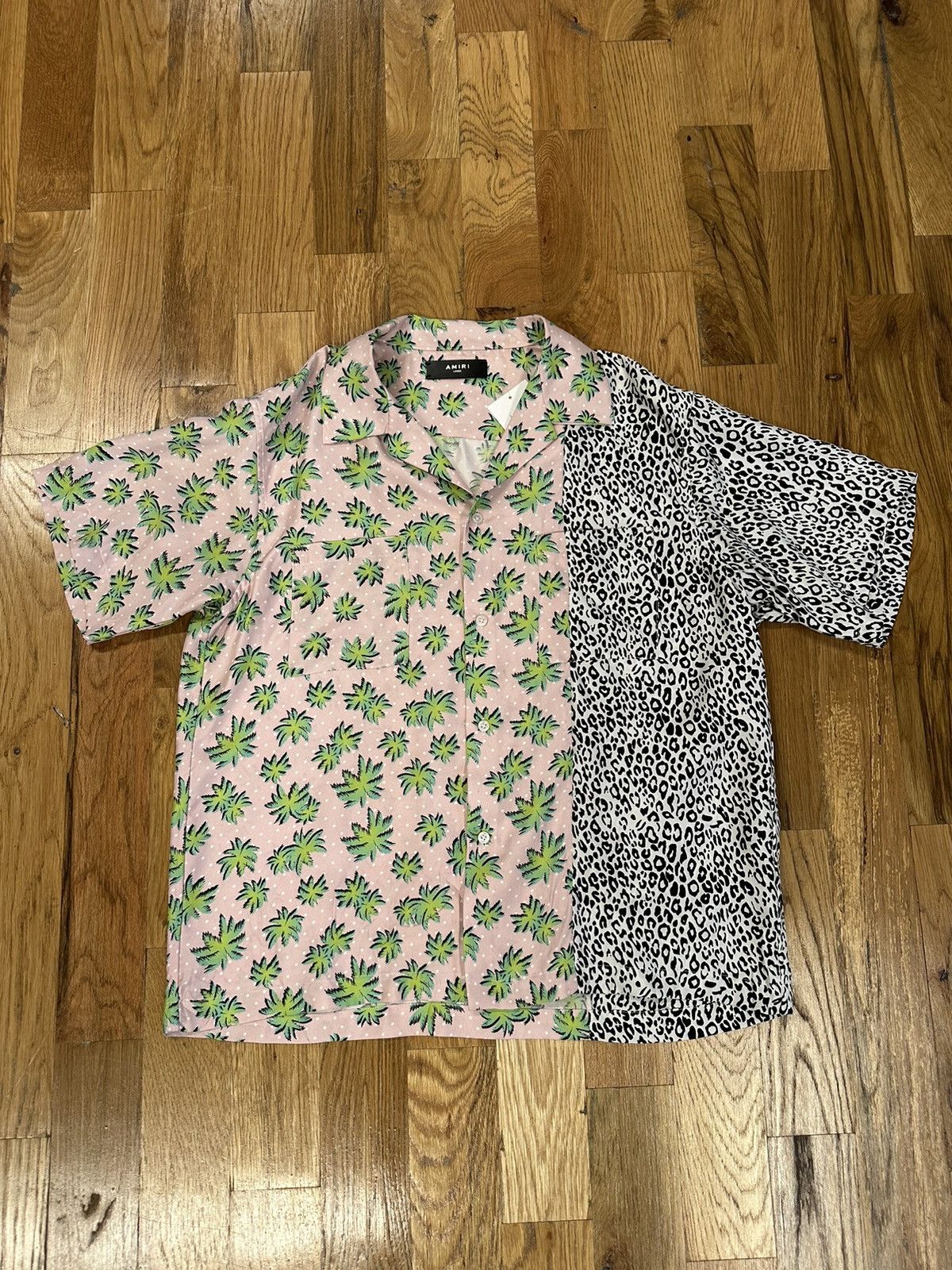 image of Amiri Split Palm Leopard Silk Button Up Shirt Size Large in Pine, Men's