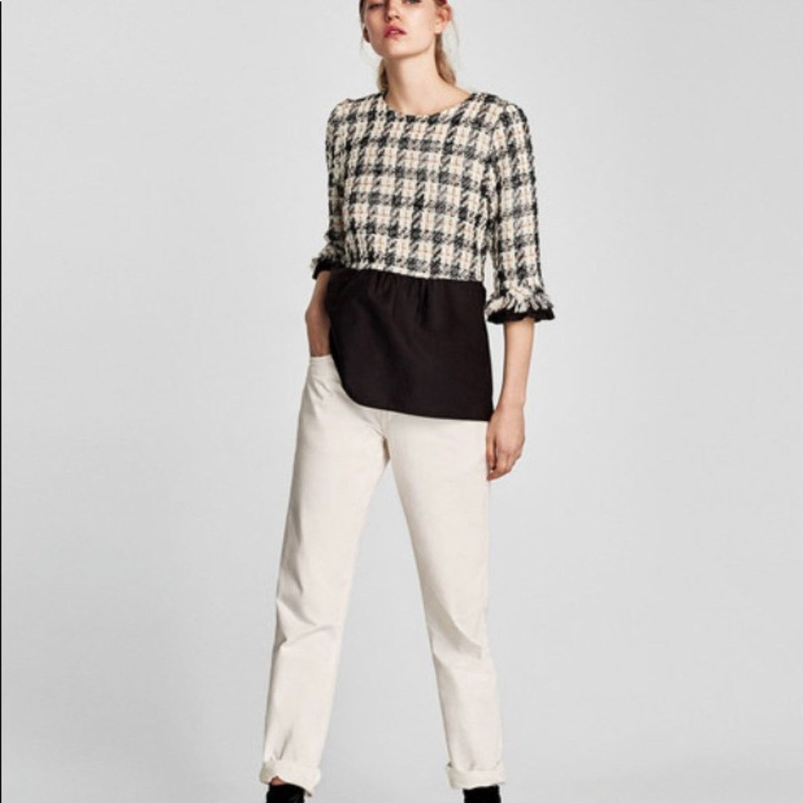 Zara Zara Tweed Houndstooth Peplum Top Fringe Trim Blouse Size US XS / EU 42 / 0 - 2 Thumbnail