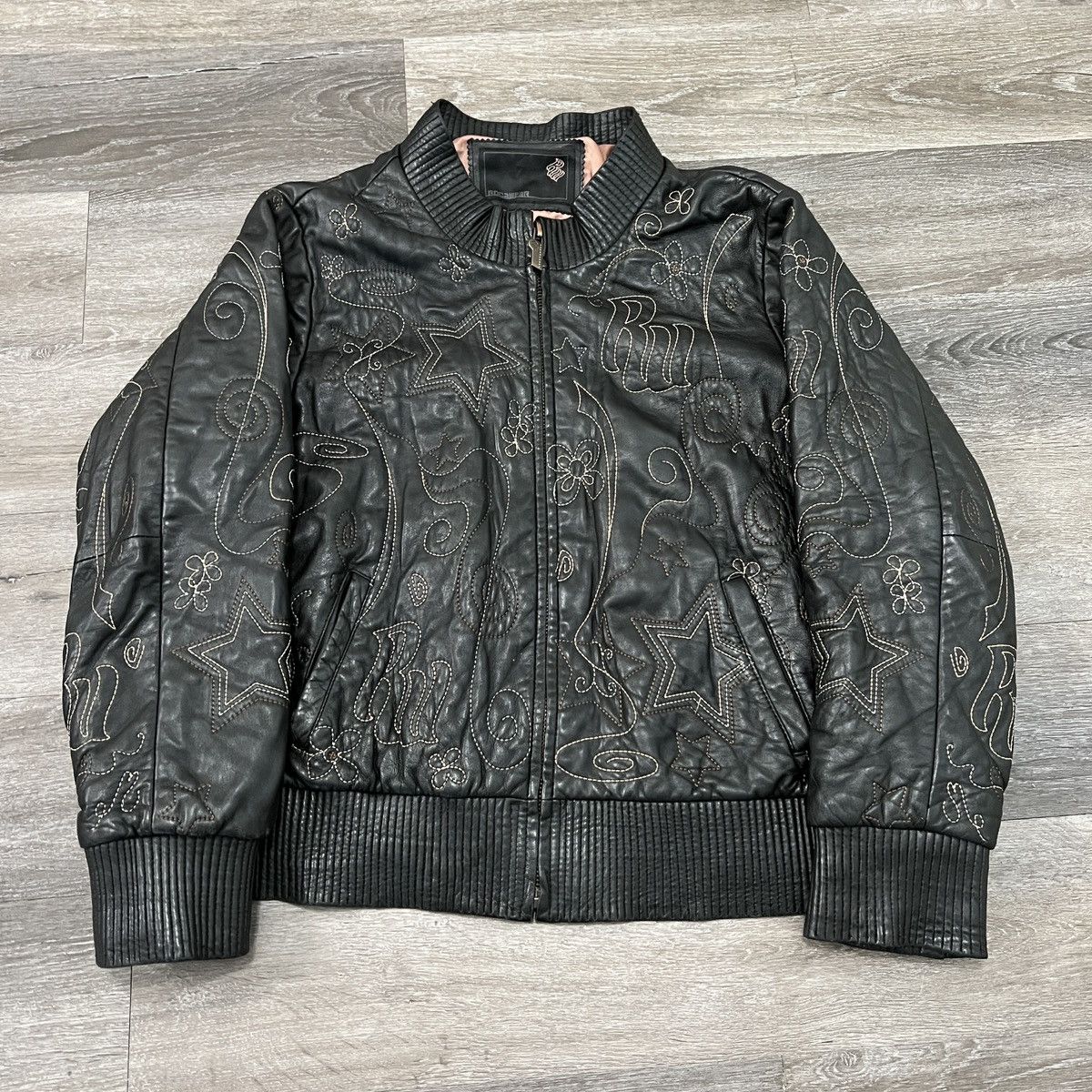 image of Crazy Vintage Y2K Rocawear Embroidered Leather Jacket in Black, Men's (Size XL)