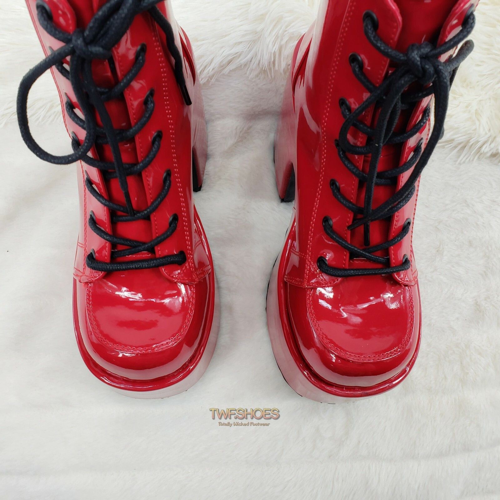 Demonia Cult DEMONIA Camel 203 Stacked Red Patent Platform Goth Punk Ankl Size US 7 / IT 37 - 6 Thumbnail