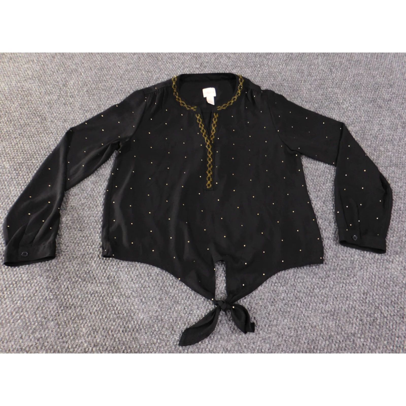 Vintage Chicos Blouse Women 0 Black Studded Embroidery Tie Front Knit Polyester Long Sleeve Casual Everyday Size XS / US 0-2 / IT 36-38 - 2 Thumbnail