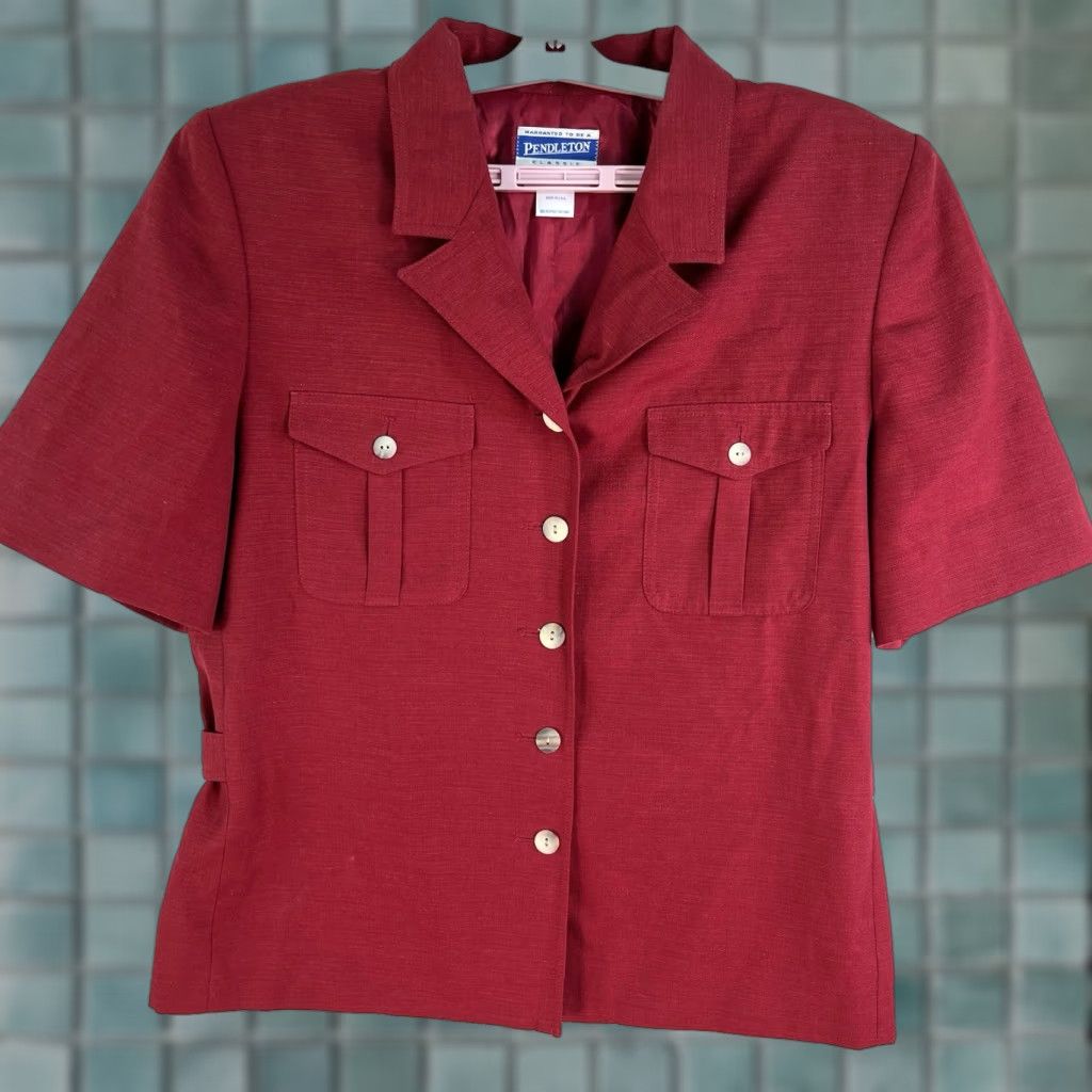 Pendleton VINTAGE Pendleton Button-Up Shirt Women's Size 14 Red Short Sleeve Lined Linen Rayon Blend Size 36" / US 14 / IT 50 - 1 Thumbnail