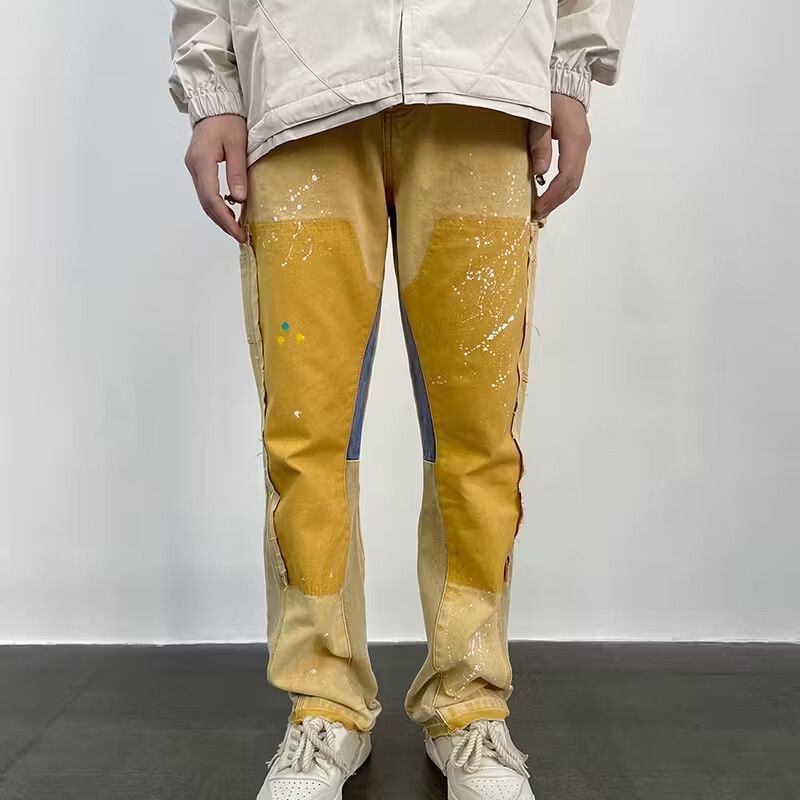 image of Retro Hip Hop Splash Ink Slim Jeans in Yellow, Men's (Size 37)