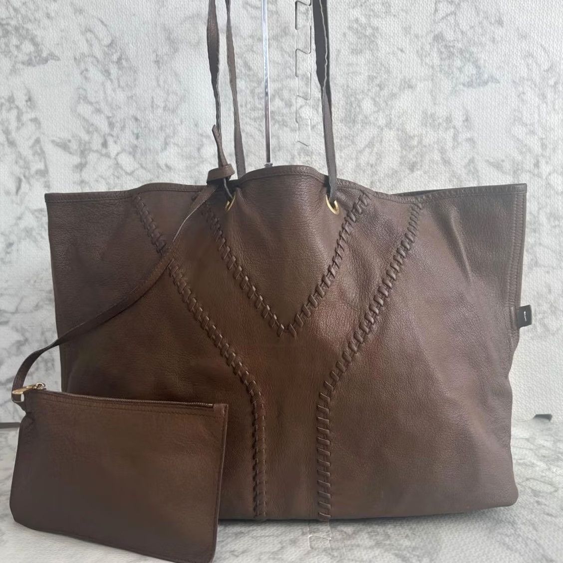 Yves Saint Laurent Yves Saint Laurent Brown Gold Leather Tote Shoulder Bag Reversible with Pouch Size ONE SIZE - 3 Thumbnail