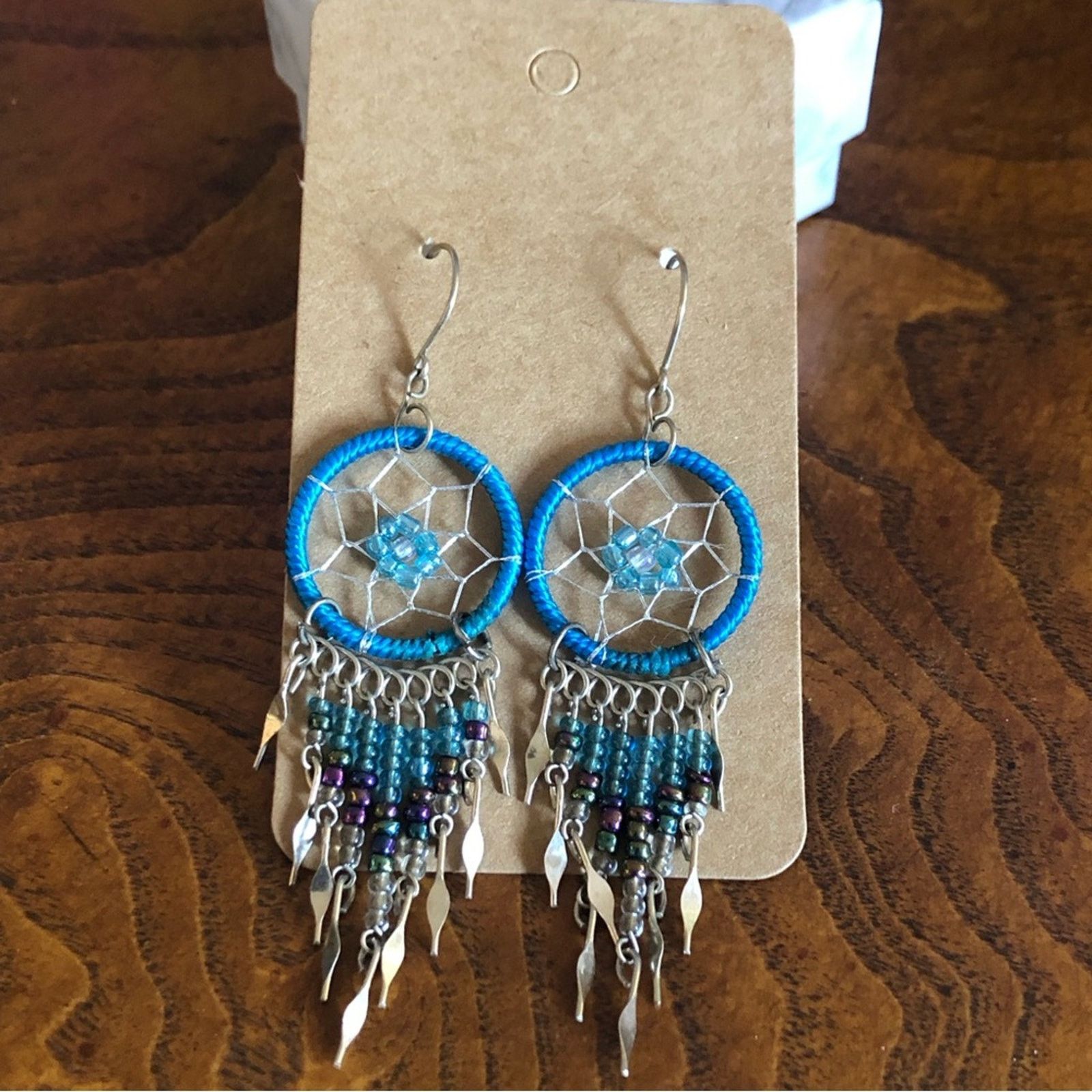 Handmade Hand crafted beaded blue and silver dream catcher earrings Size ONE SIZE - 3 Thumbnail