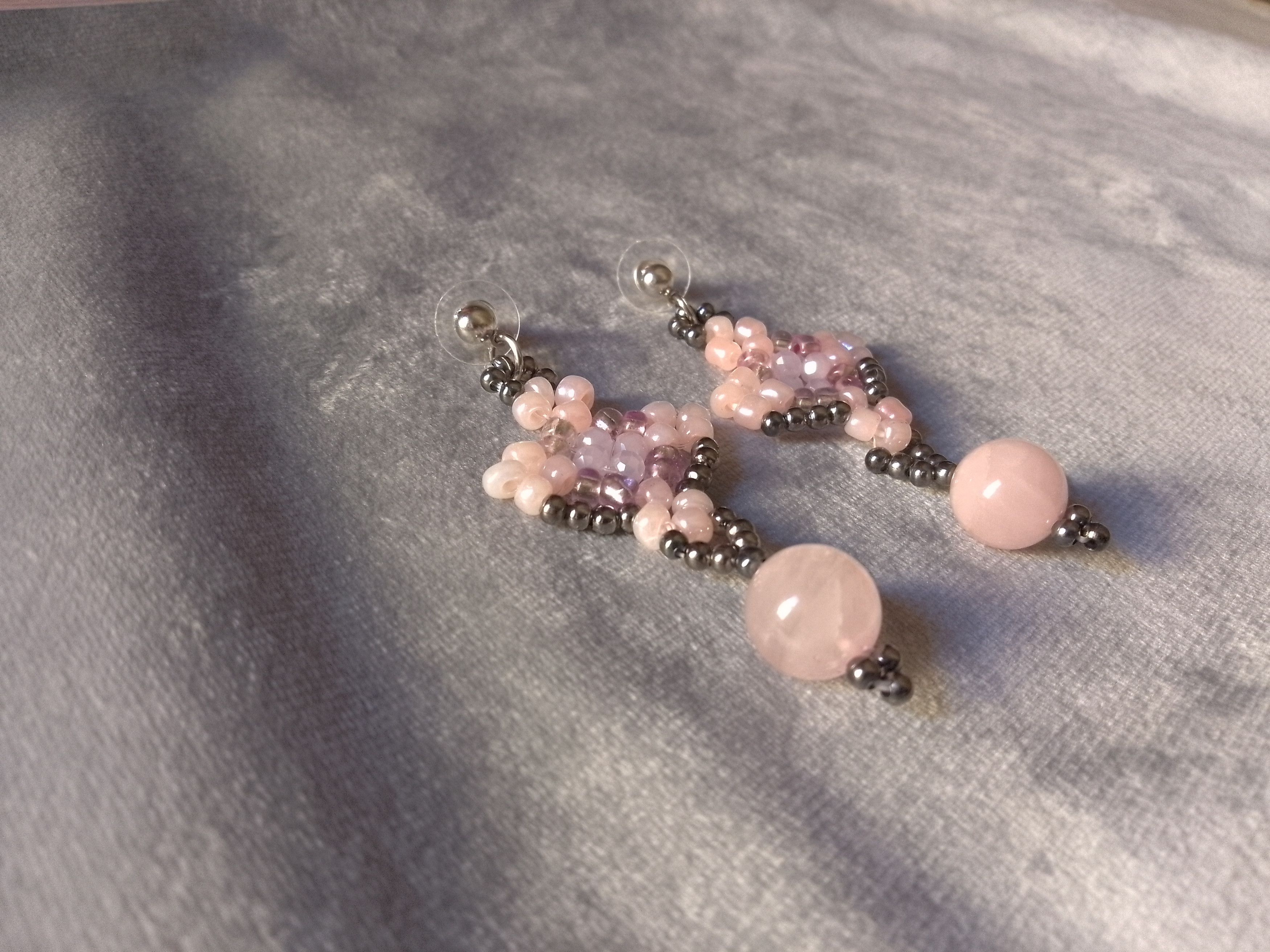 Handmade Earrings Rose Quartz Beaded Elegant Long Size ONE SIZE - 5 Thumbnail