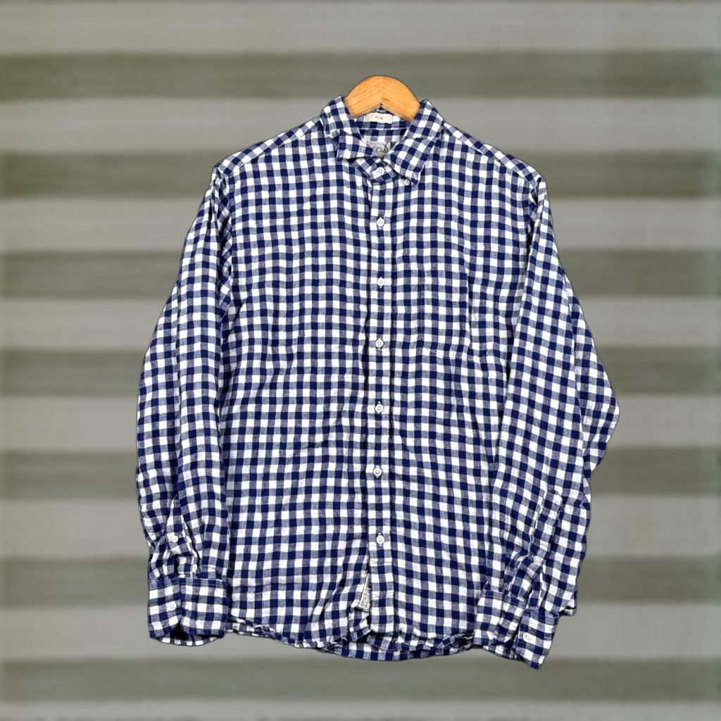 Men's Button-Up Shirt Large Blue Linen Long Sleeve Plaid