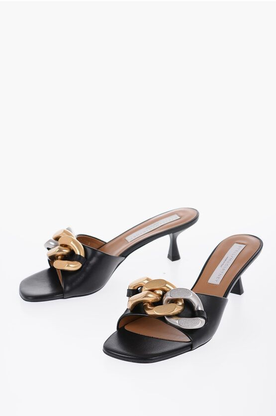 image of Stella Mccartney Vegan Leather Open Toe Mules With Chain Details Heel Shoes 5 Cm in Black, Women's 