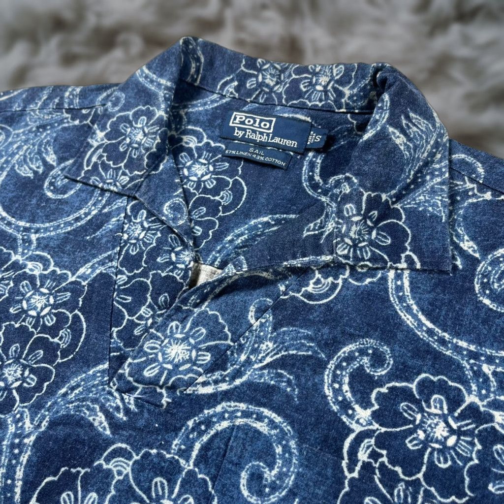 VINTAGE Polo Ralph Lauren Shirt Sail S/S Indigo Chambray Hawaiian Florals Small Mens