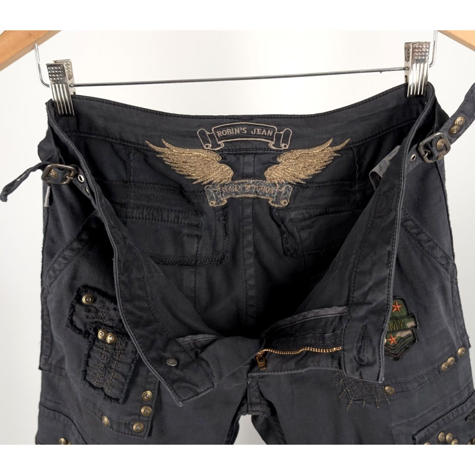 Vintage VINTAGE Robin’s Jean Cargo Capris 29 Women Black Studded USA Side Straps Military 32 Wrist Cuff Wings Embroidered 2000s Mens Women Girls Size 29" - 5 Thumbnail