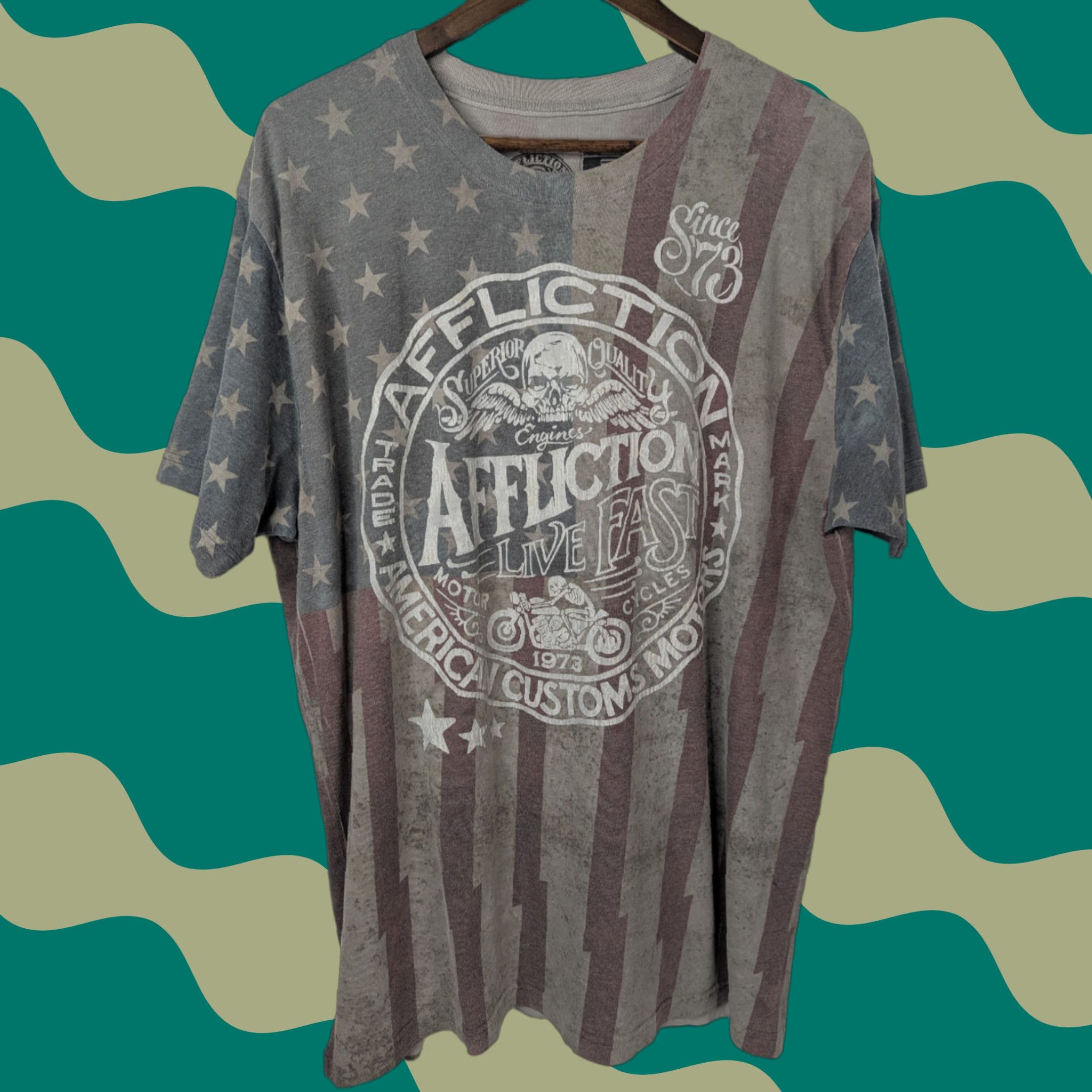 Affliction Affliction American Customs USA Flag Skull T-Shirt Mens 3XL White Gray Cotton Crew Neck Short Sleeve Size US XXL / EU 58 / 5 - 1 Thumbnail