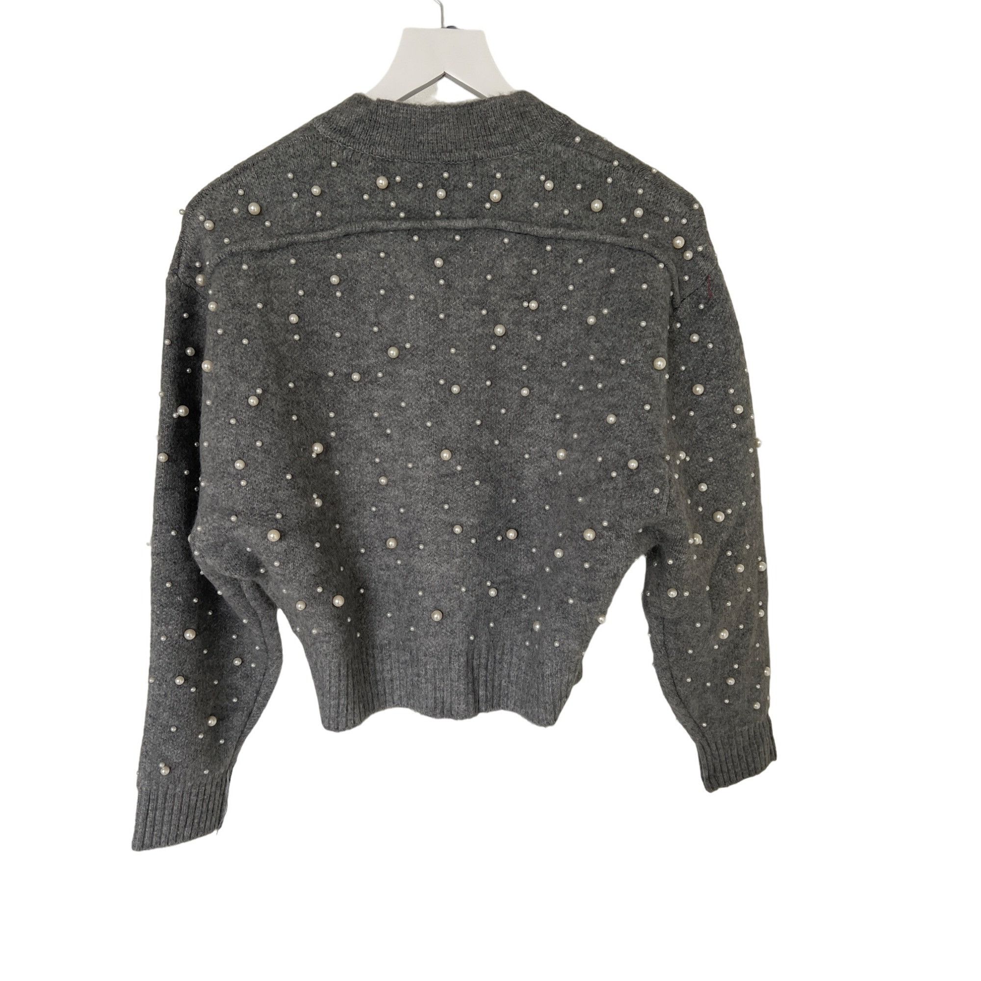 Zara Zara Grey Pearl-Embellished Bomber Zip Cardigan Size S / US 4 / IT 40 - 10 Thumbnail