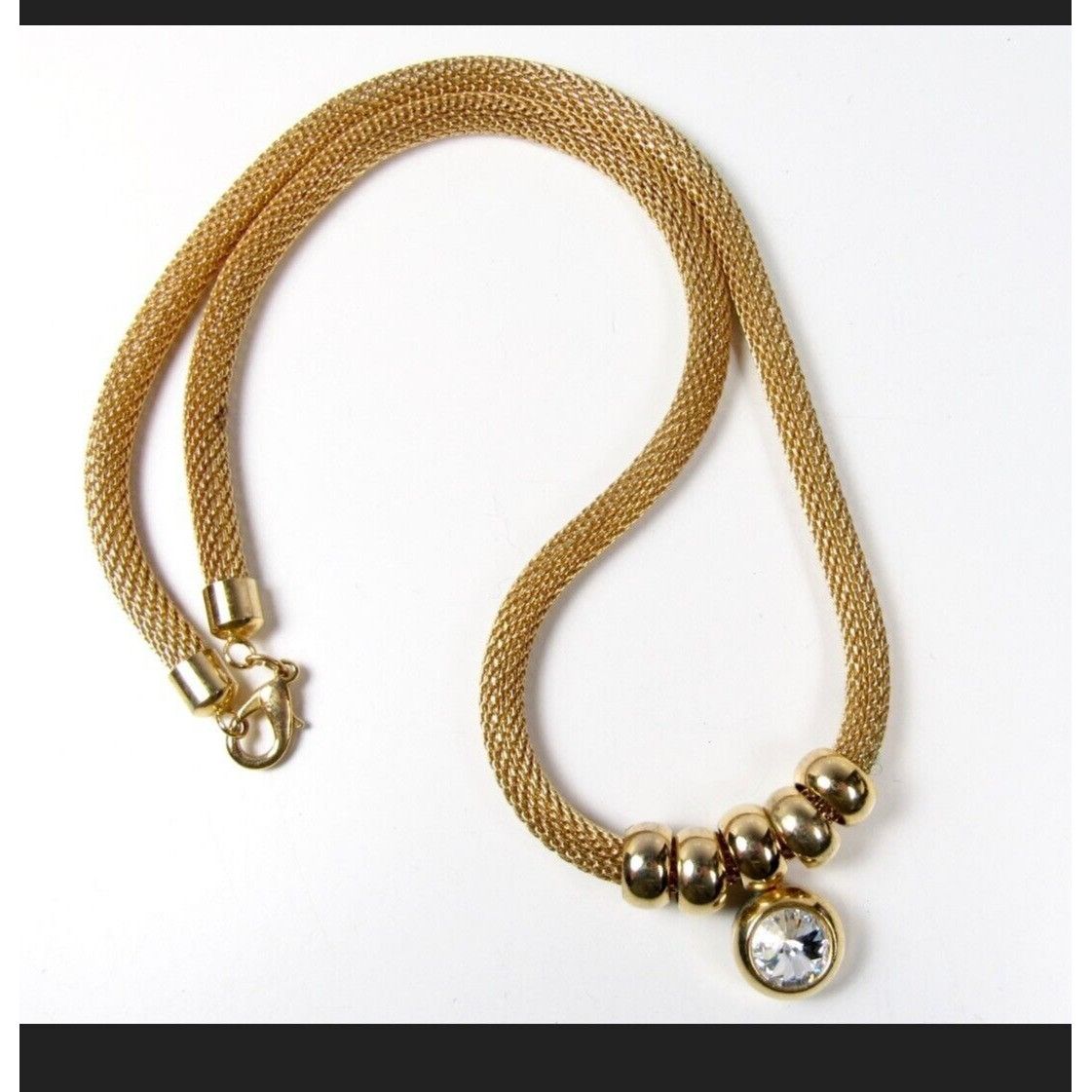 Vintage Gold Tone Metal Mesh Tube Necklace Ring Stoned Pendant Circa Size ONE SIZE - 14 Thumbnail