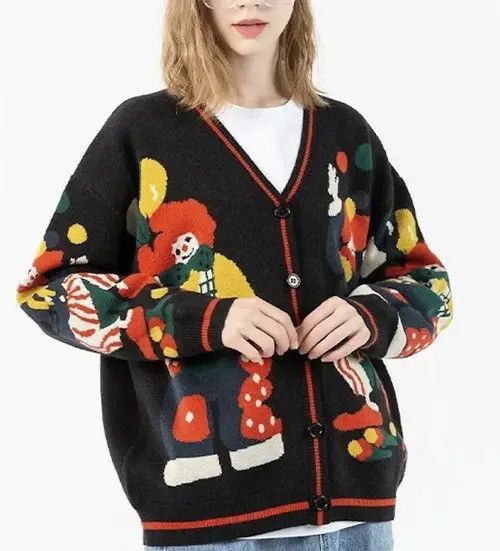 image of Funny Clown Print Knitted Oversized Cardigan in Black, Men's (Size Large)