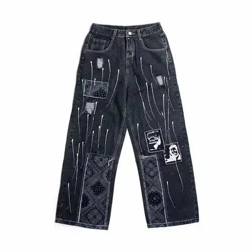 Jean Bandana Patchwork Straight Leg Baggy Jeans Size US 30 / EU 46 - 3 Thumbnail
