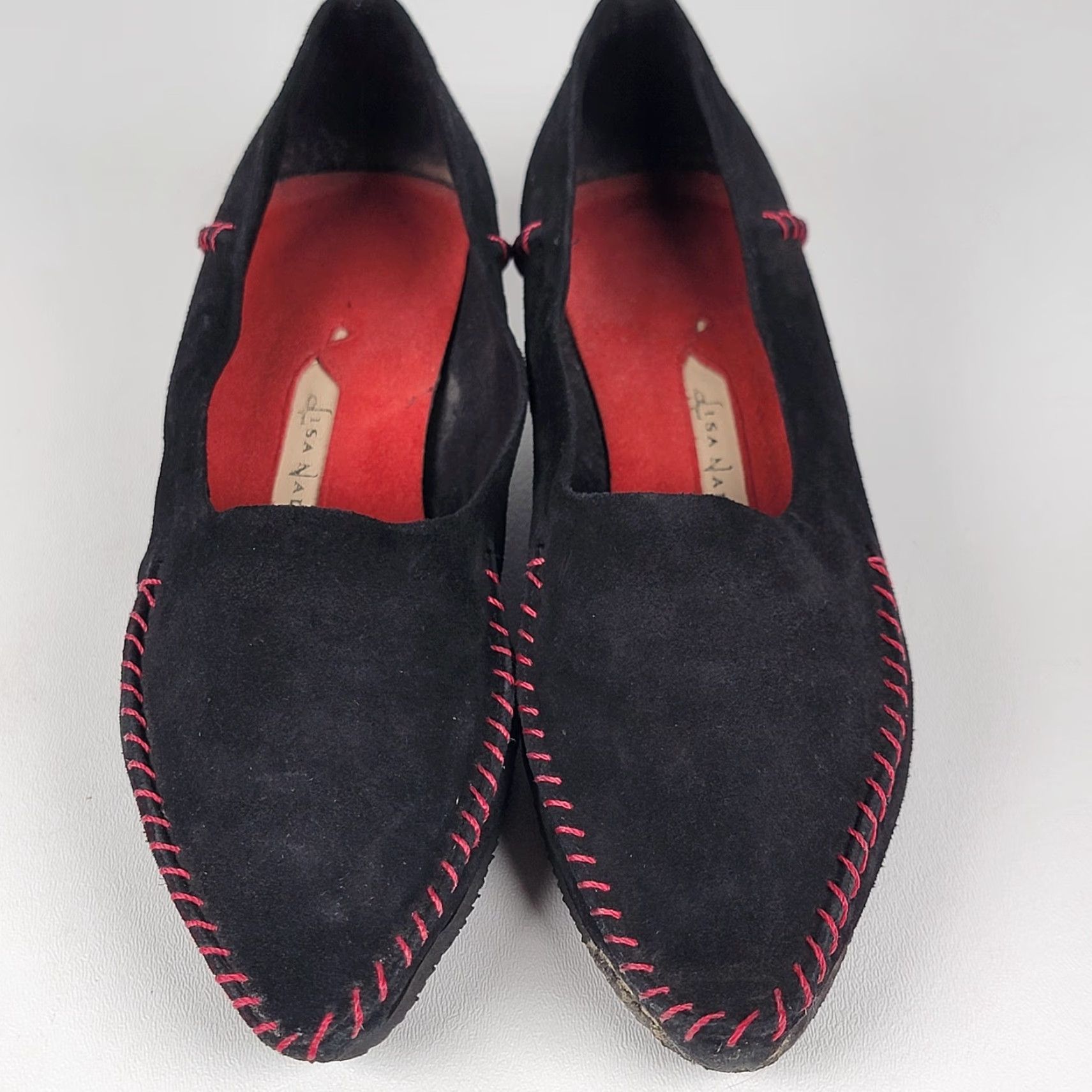 Vintage VINTAGE Lisa Nading Black Suede Leather Kitten Heels Red Accent Stitching Size 37 Women Shoes Pointed Toe Slip On Leather Lining Upper Size US 7 / IT 37 - 2 Thumbnail
