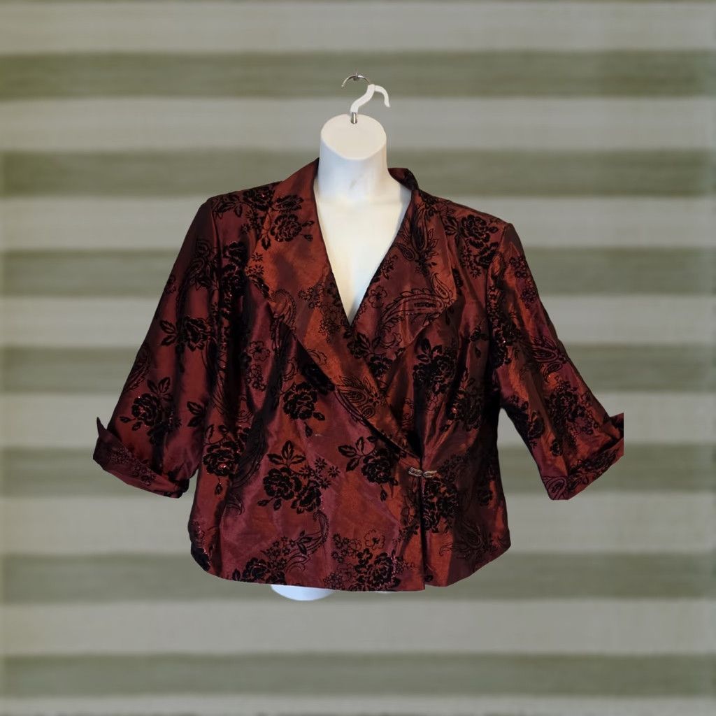 Vintage Vintage 90s R&L Richards Shiny Gothic Brocade Dress Jacket 30 Burgundy Polyester Womens Jacket 90s Gothic Floral Brocade Size 4XL / US 24-26 - 1 Thumbnail
