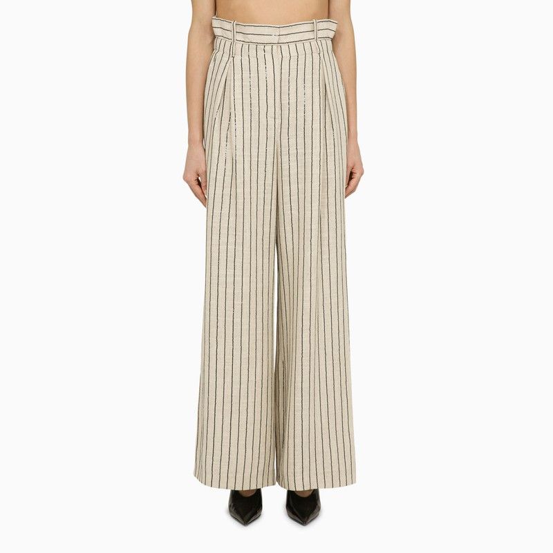 image of The Mannei Ludvika Beige Linen Blend Striped Trousers, Women's (Size 26)