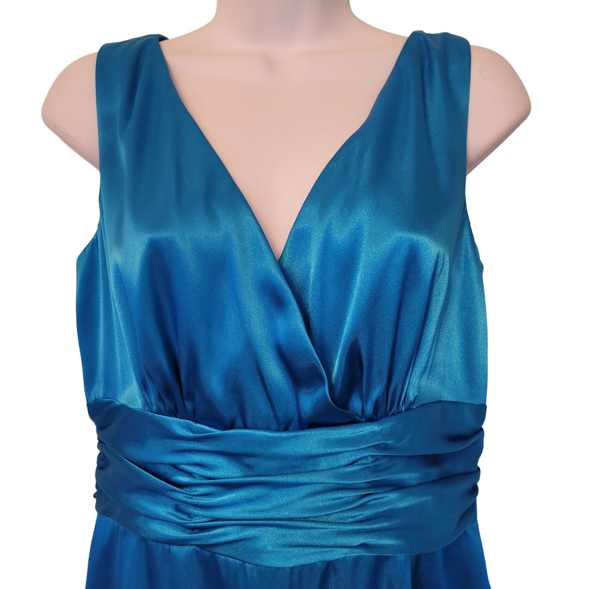 Eliza J Blue Sleeveless Satin Faux Wrap Dress 10 Elegant Eve