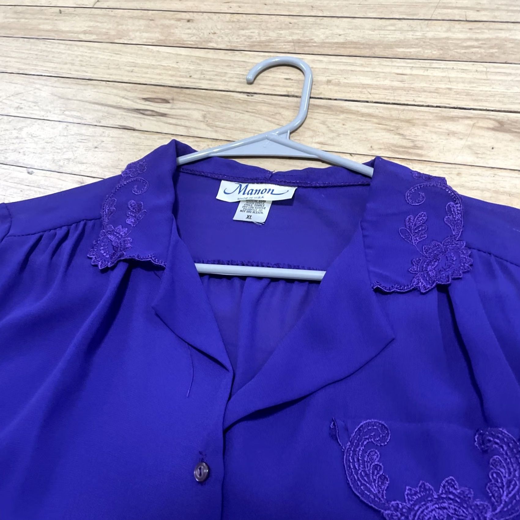 Vintage VINTAGE Manon Made USA Blouse Chiffon Top Women XL Purple Royal Purple Sheer Lace Button Up 1970s USA 70s Womens Size XL / US 12-14 / IT 48-50 - 5 Thumbnail