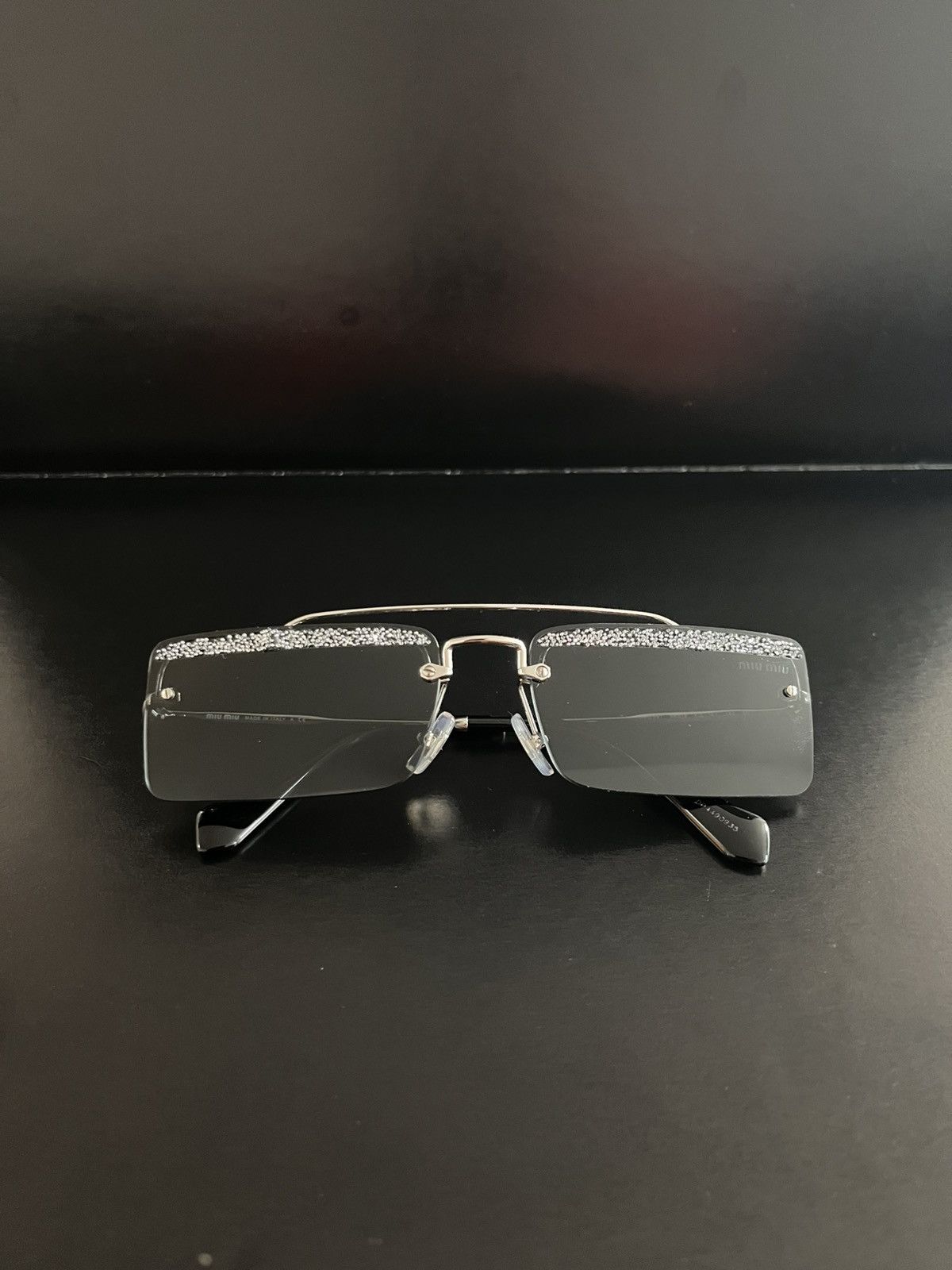 Miu Miu Crystal-Embellished Silver/Black Rimless Sunglasses, One Size Miu Miu Rimless Metal Oval Sunglasses | Neiman Marcus main image 4