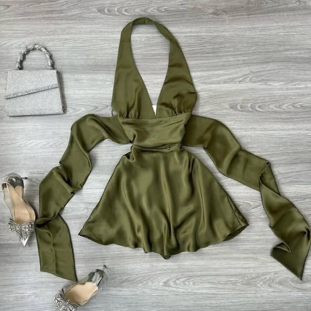 Zara Zara Satin Halter Mini Dress Olive Green Open Back NWT Size L / US 10 / IT 46 - 22 Thumbnail