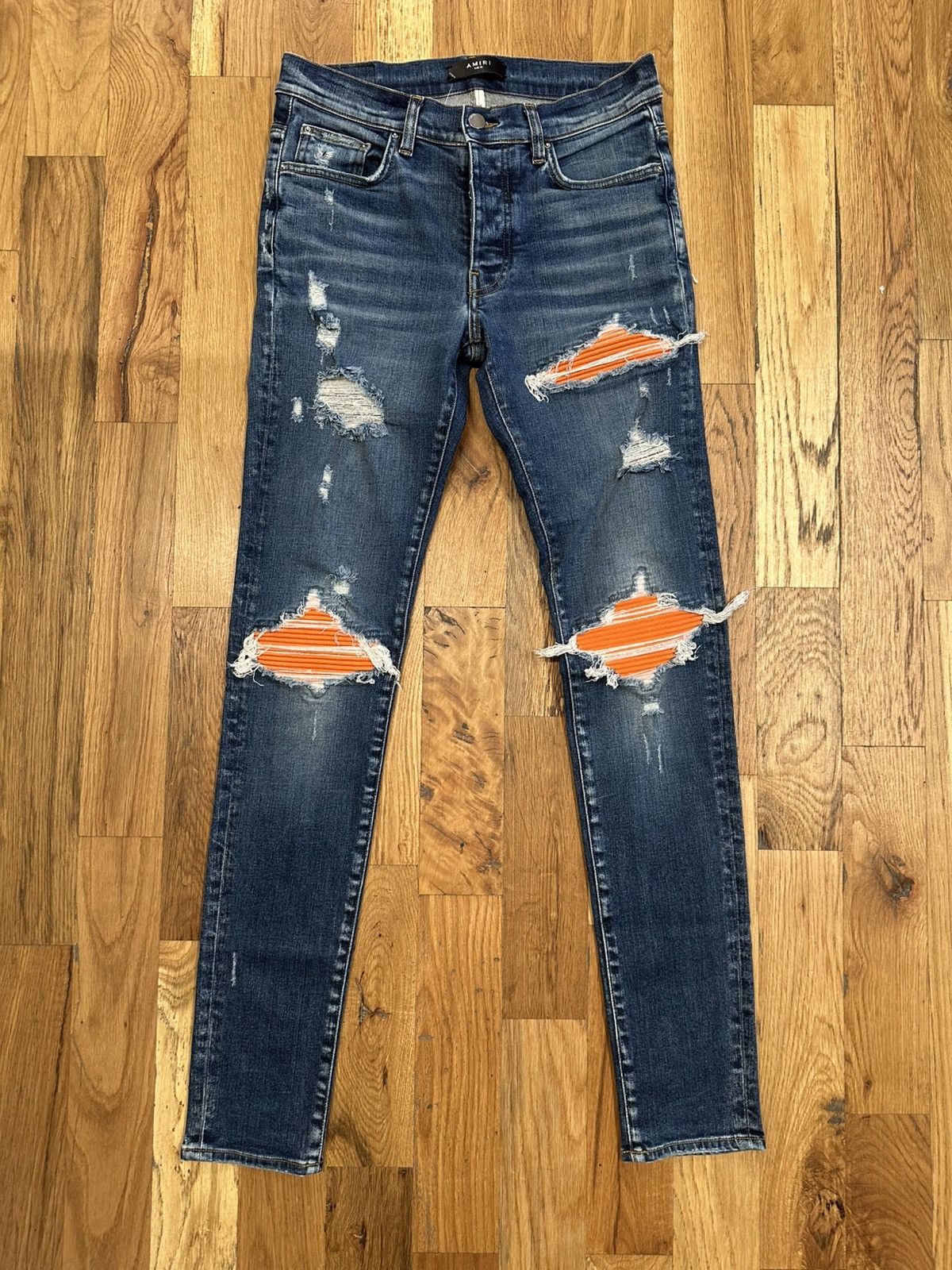 Amiri MX1 Orange Suede Dark Blue Denim Jeans Size 31