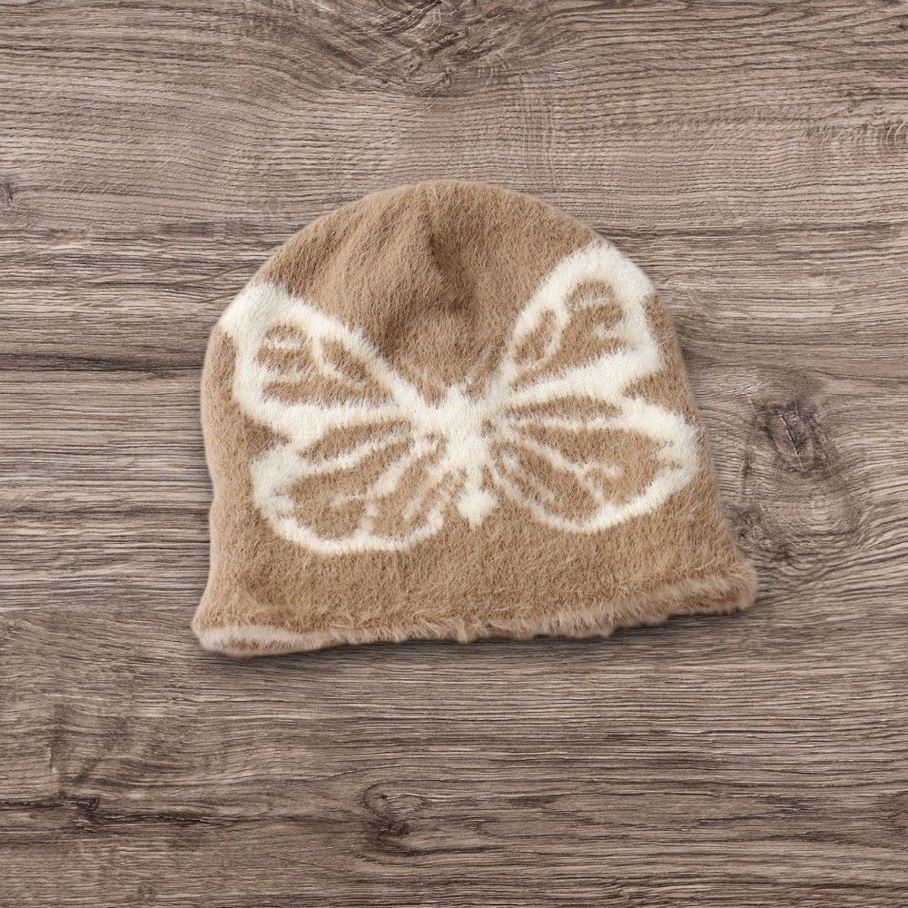 Y2K Fluffy Knit Butterfly Beanie Alt Vintage Aesthetic in Brown, Men’s