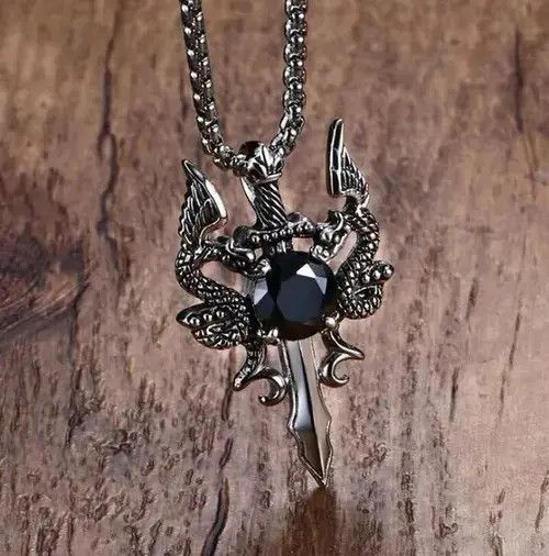 Jewelry Double Dragon Sword Pendant Necklace Size ONE SIZE - 4 Thumbnail