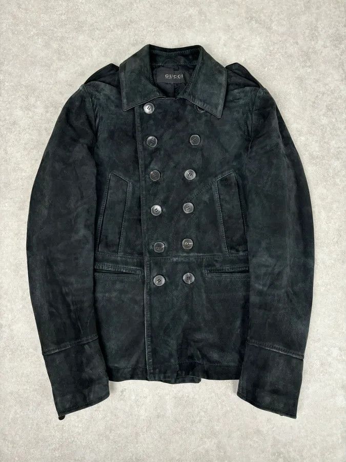 Gucci 2000s Gucci Black Suede Leather Double-Breasted Premium Jacket by Tom Ford Size 44R - 1 Thumbnail