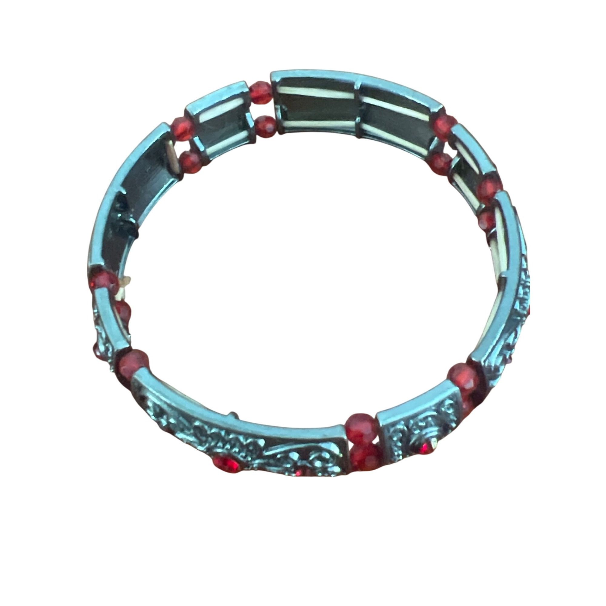 Other Vintage Gunmetal Panel Stretch Bracelet Red Cabochon Beads . Size ONE SIZE - 3 Thumbnail